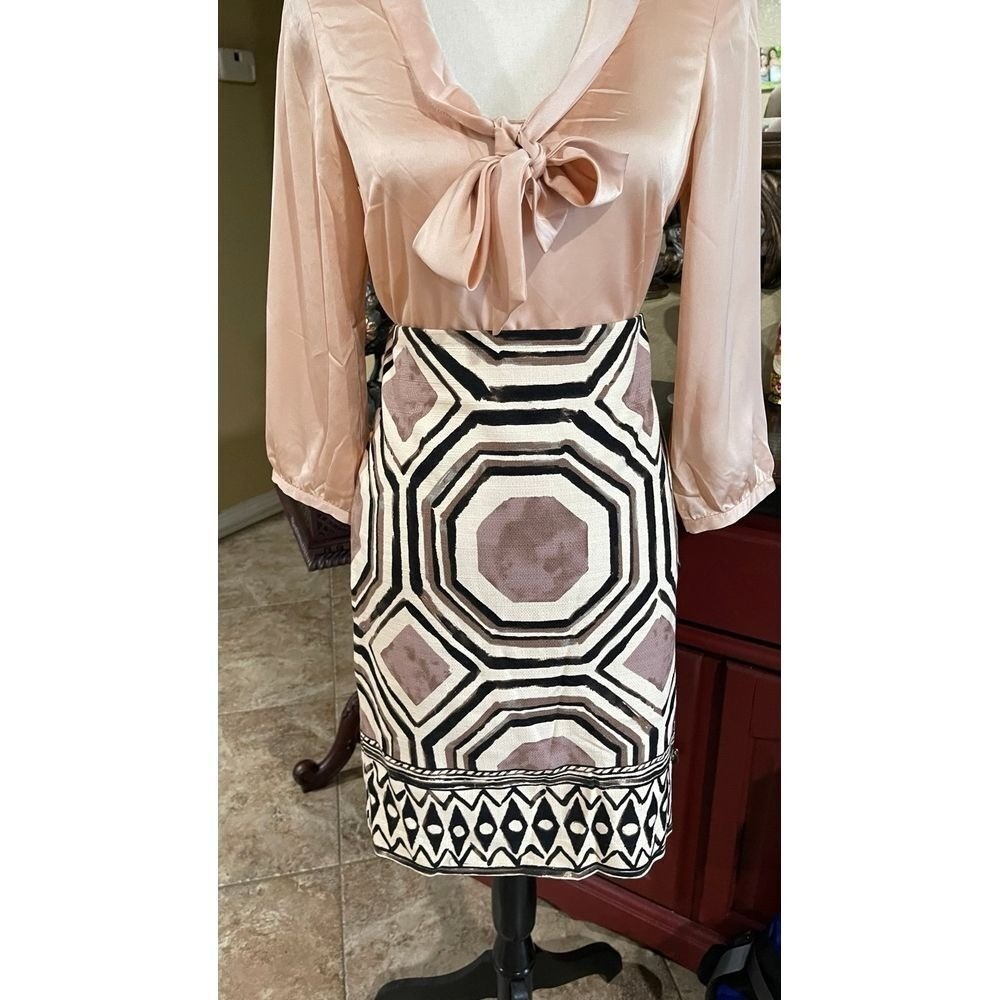 LOFT Geometric‎ Print Pencil Skirt Size 4 Taupe Black Ivory Career Chic
